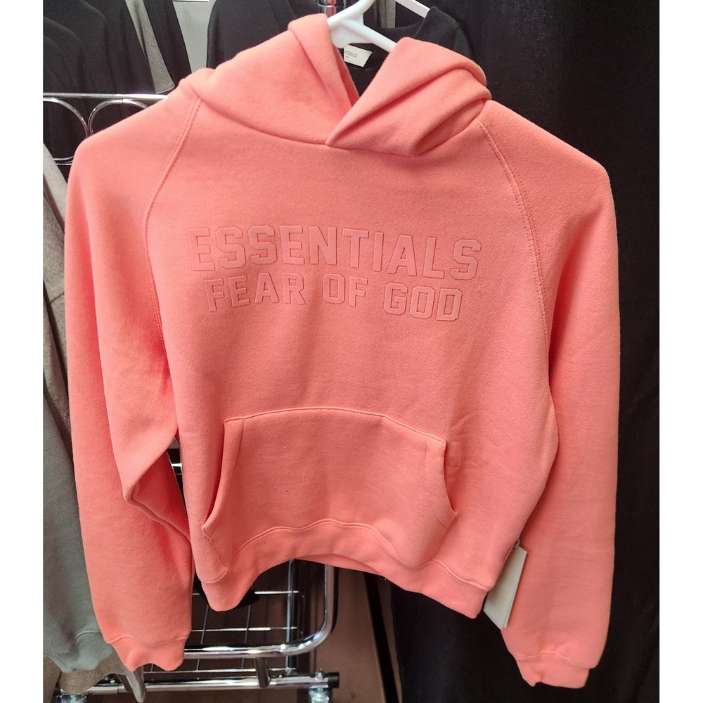 Fear of God Essentials Kids Pullover Hoodie Coral Pink Embossed Logo Sweatshirt